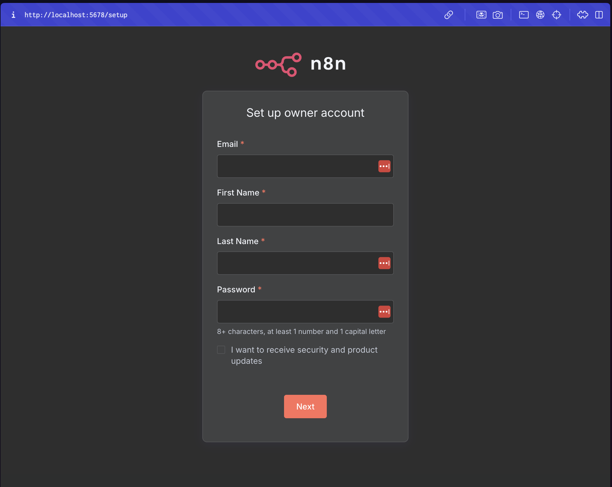 n8n first login screen
